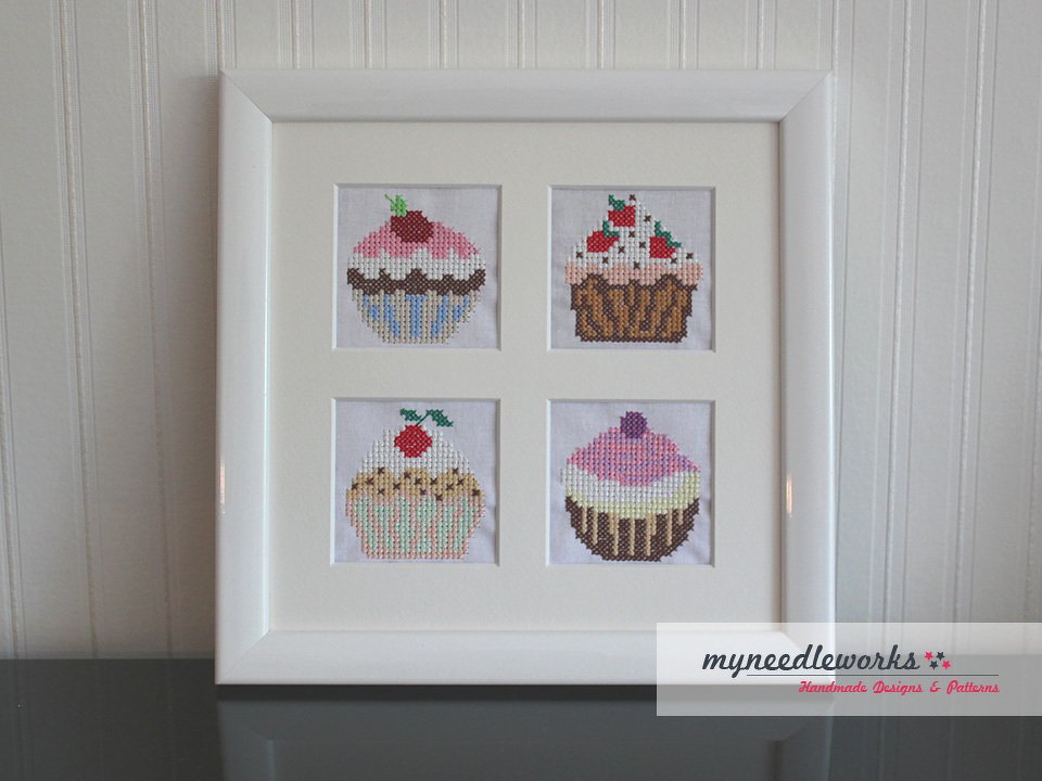 Stickdatei im Kreuzstich: 4 bunte Cupcakes