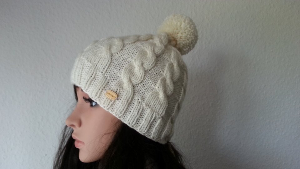 23 Strickanleitung Bommelmütze natur Zopfmuster
