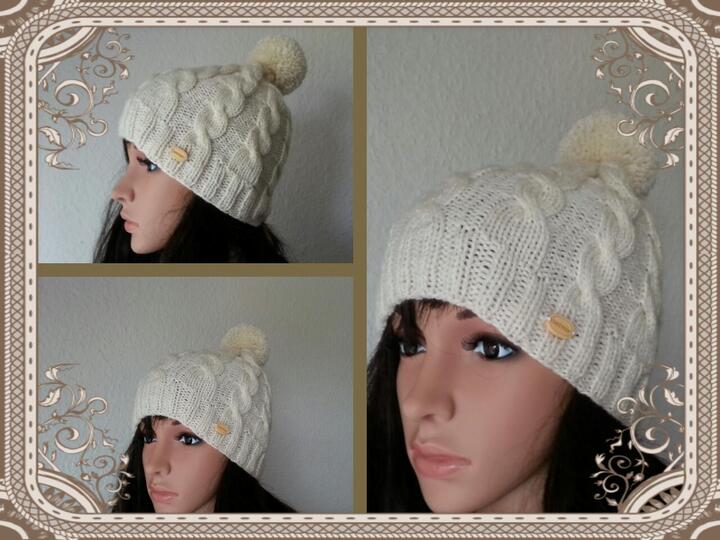 23 Strickanleitung Bommelmütze natur Zopfmuster