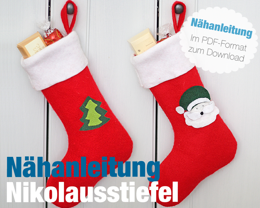 Zwei rote Filz-Nikolausstiefel mit weißen Bündchen, Tannenbaum- und Nikolaus-Applikation, gefüllt mit Süßigkeiten