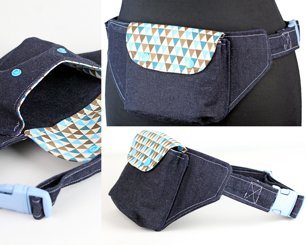 Dunkelblaue Gürteltasche aus Jeansstoff mit türkis-brauner Dreiecksklappe und hellblauer Steckschließe