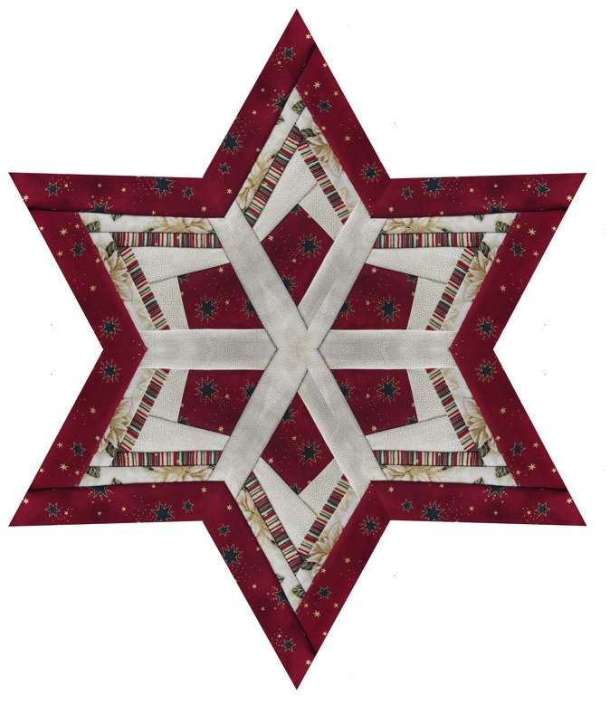 Gesteppter sechsstrahliger Stern in Rot und Creme mit Weihnachtsmotiven