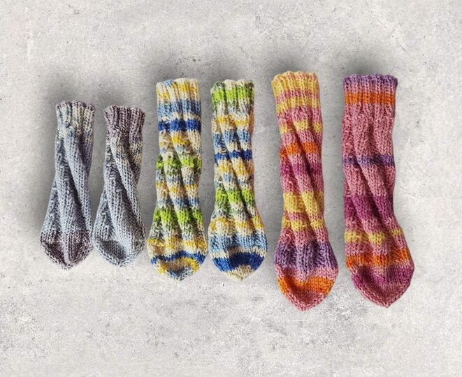 Strickanleitung Baby-Spiralsocken ohne Ferse mit Bandspitze, 3 Größen  #035