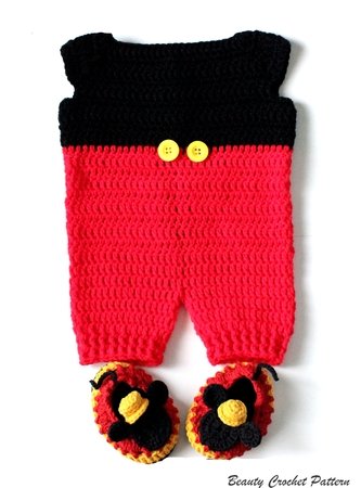 Crochet Baby Patterns Mickey Romper and Shoes, Mickey Baby Boy Crochet Set Pattern
