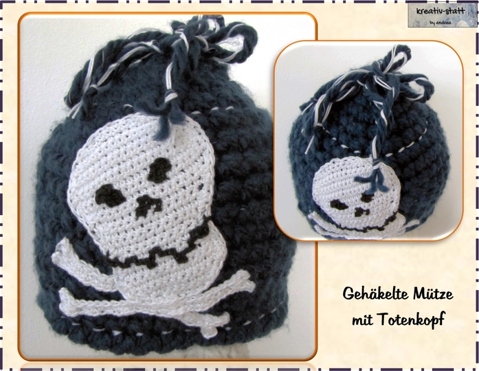 Hat (Beanie) with skull - Unisex - children, adults, Crochet Pattern