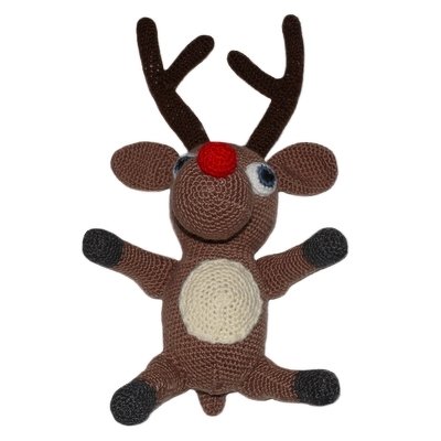 Gehäkeltes Rentier-Amigurumi, braun mit roter Nase, hellem Bauch und Geweih
