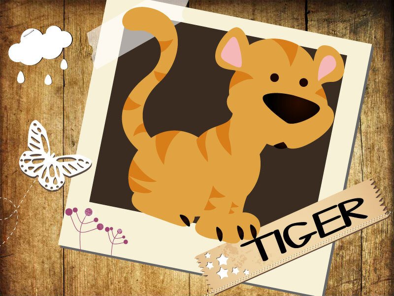 Cartoon-Tiger in Polaroid-Rahmen auf Holz mit Schmetterling und Wolke