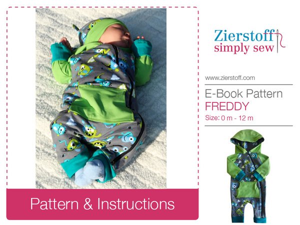 FREDDYs romper suit / Babygro pattern, sizes 50-80 / 0 mo.- 12/+12 mo.