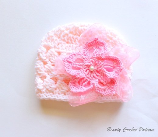 Crochet Puff Hat With Flower Newborn- Child
