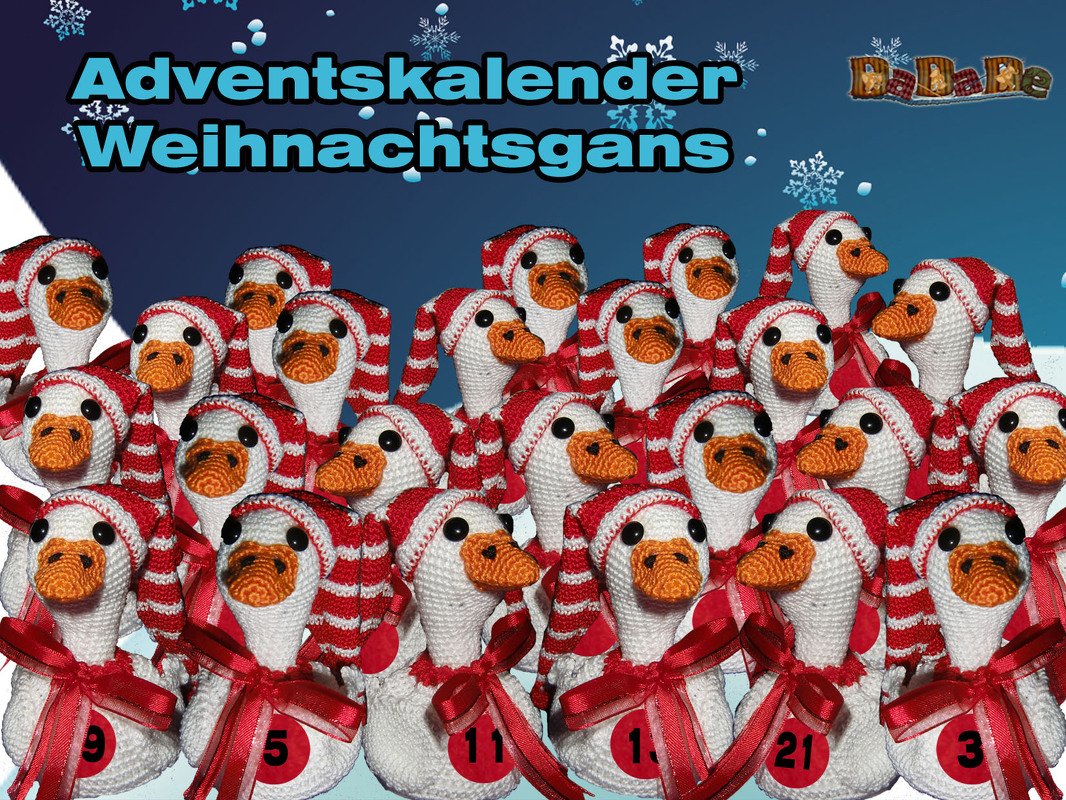 Gehäkelte Weihnachtsgänse mit rot-weiß gestreiften Mützen und roten Schleifen, einige nummeriert als Adventskalender