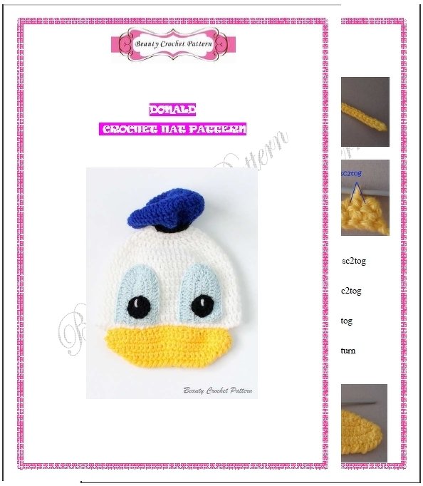 White crochet baby hat with yellow bill, pale blue eye patches and small blue topper