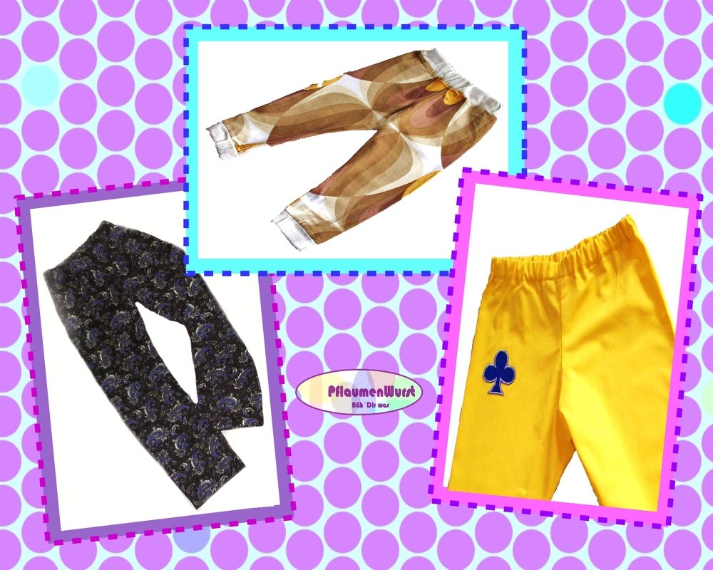 Collage von drei Kinderhosen: braun‑weißes Wellenmuster, dunkelblau mit Paisley und leuchtend gelb mit blauer Applikation auf lila-gepunktetem Hintergrund.