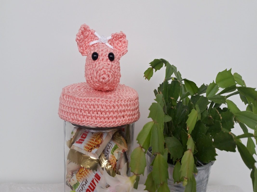 Glas mit rosa gehäkeltem Schweinchen-Deckel und grüner Topfpflanze