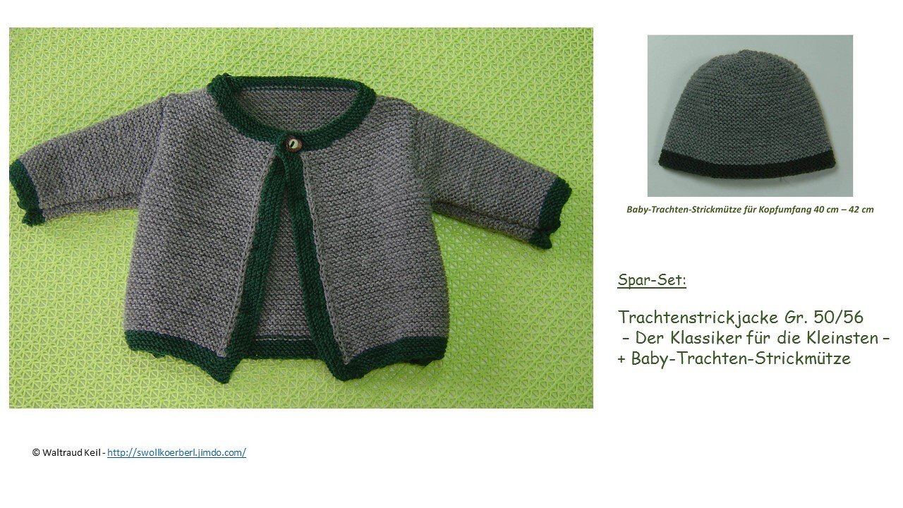 Gestrickte graue Baby-Trachtenjacke mit grüner Kante und passende graue Mütze mit dunklem Rand