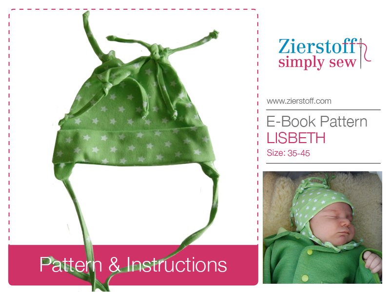 LISBETHs baby bonnet / newborn hat pattern, sizes 35-45 / 0 mo.-6 m