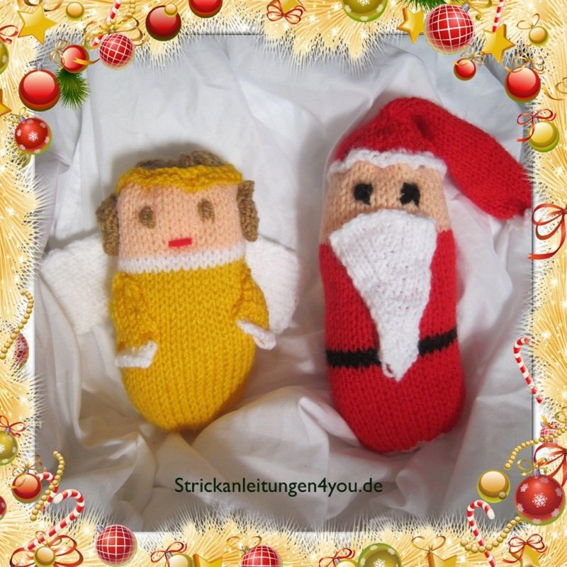 Einfache gestrickte Weihnachtsfiguren: gelber Engel und roter Weihnachtsmann