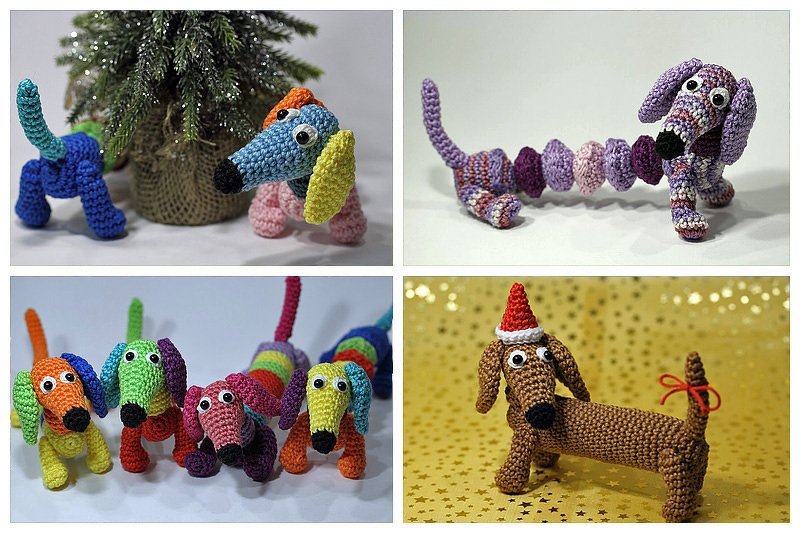 Collage mit vier gehäkelten Dackel-Amigurumi: buntes Einzelstück vor Tannenbaum, spiralförmiger lila Dackel, Gruppe mehrfarbiger Dackel, brauner Dackel mit Weihnachtsmütze.