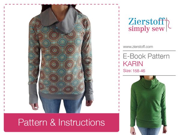 KARINs shawl collar or turtleneck shirt pattern, sizes 158 – women´s size 46 / Kids M – women´s L / XL.