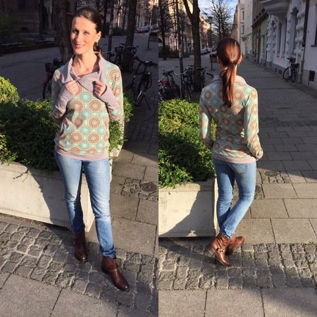 KARINs shawl collar or turtleneck shirt pattern, sizes 158 – women´s size 46 / Kids M – women´s L / XL.