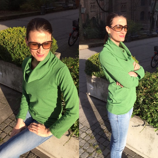 KARINs shawl collar or turtleneck shirt pattern, sizes 158 – women´s size 46 / Kids M – women´s L / XL.