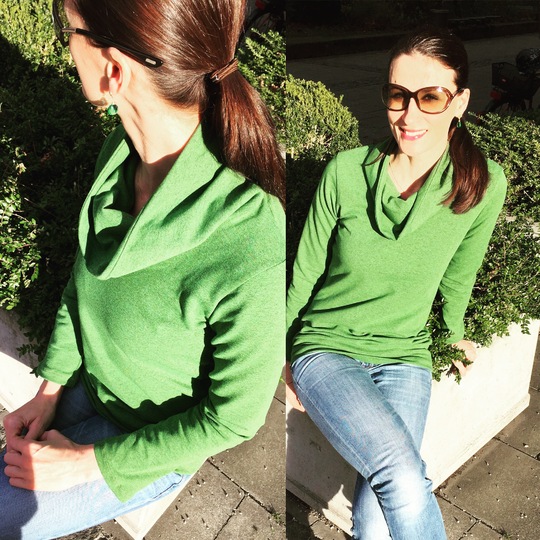 KARINs shawl collar or turtleneck shirt pattern, sizes 158 – women´s size 46 / Kids M – women´s L / XL.