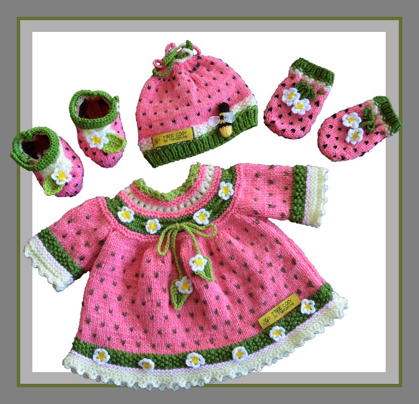 Watermelon Baby Dress/Jacket, Booties, Bonnet and Mittens set