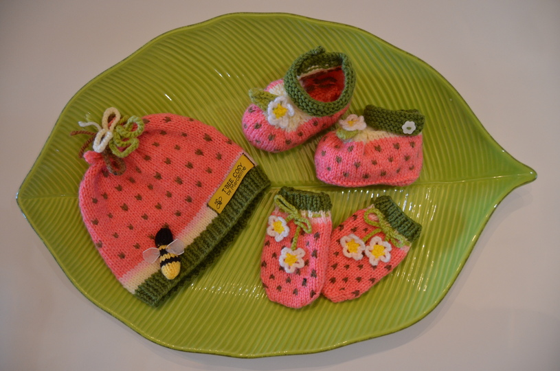 Watermelon Baby Dress/Jacket, Booties, Bonnet and Mittens set