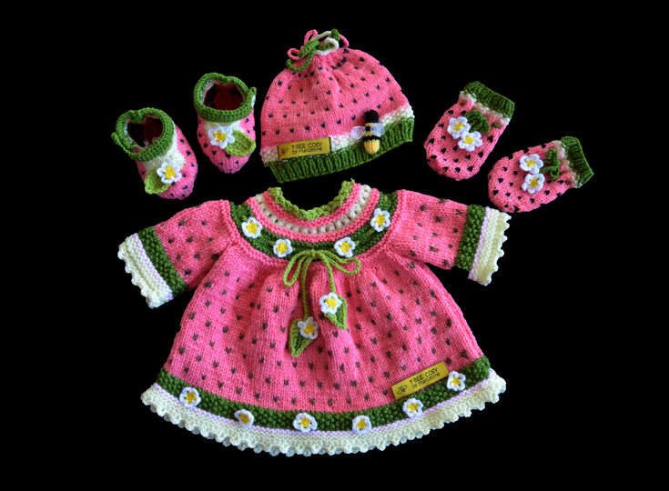 Watermelon Baby Dress/Jacket, Booties, Bonnet and Mittens set