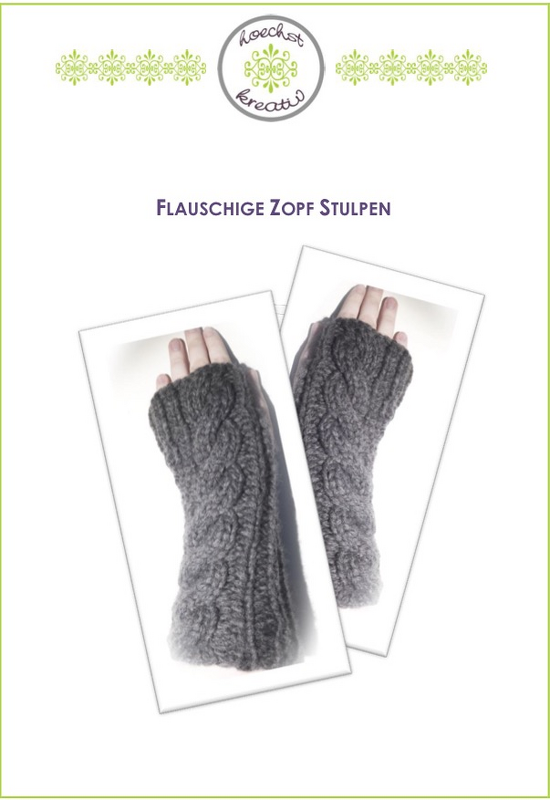 Gestrickte graue, fingerlose Stulpen mit Zopfmuster an Händen
