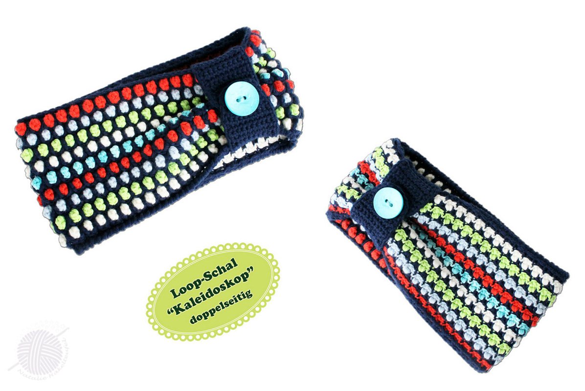 Doppelseitiger, gehäkelter Kinder-Loop mit mehrfarbigem Kaleidoskop-Muster und türkisfarbenem Knopf