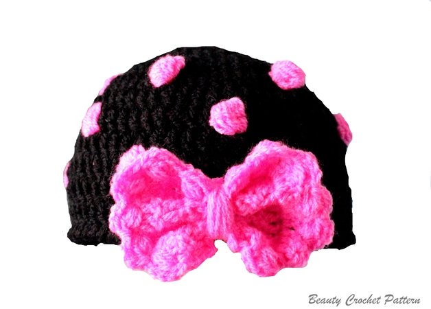 Crochet Polka Dot Hat With Bow- Baby - Adult Size