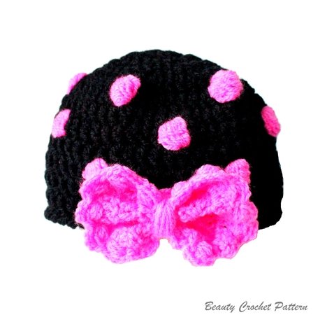 Crochet Polka Dot Hat With Bow- Baby - Adult Size