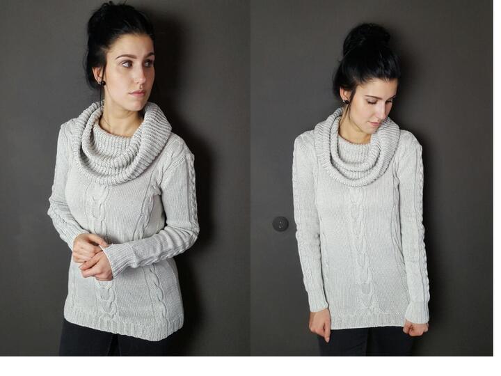 30 Strickanleitung Pullover Zopfmuster XXL Kragen 100% Baumwolle
