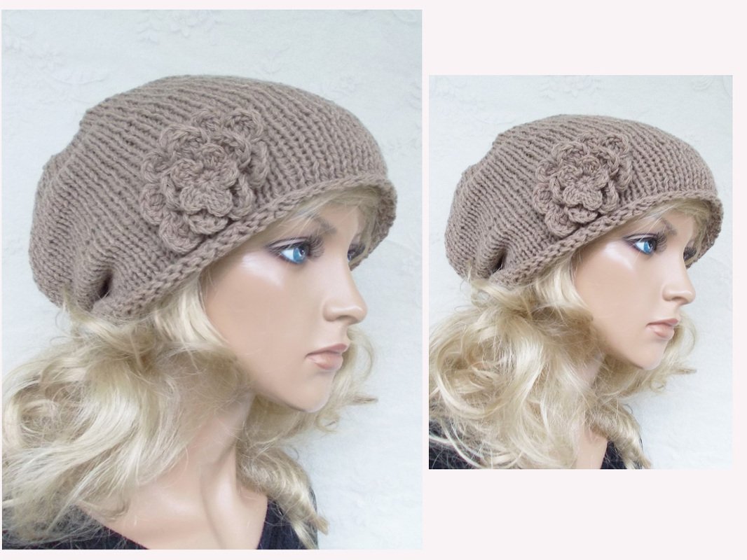 Beanie "mylovely", Strickmütze mit 3-D-Häkelblume, Hänger, slouchy