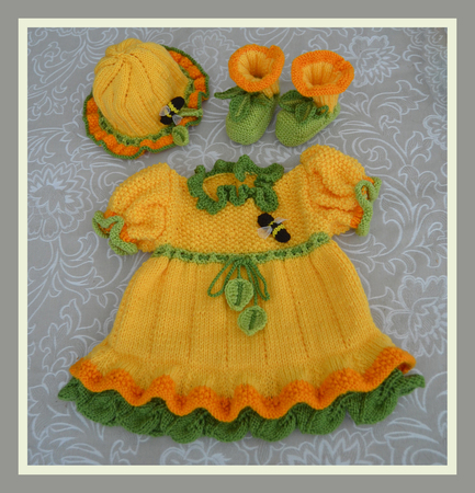 Daffodil Baby Dress, Booties and Bonnet Hat