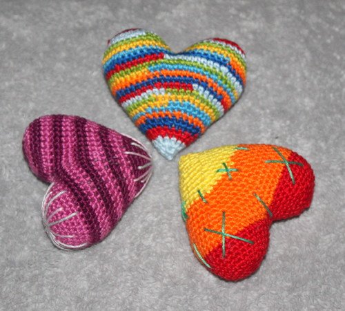 Colourful crochet hearts