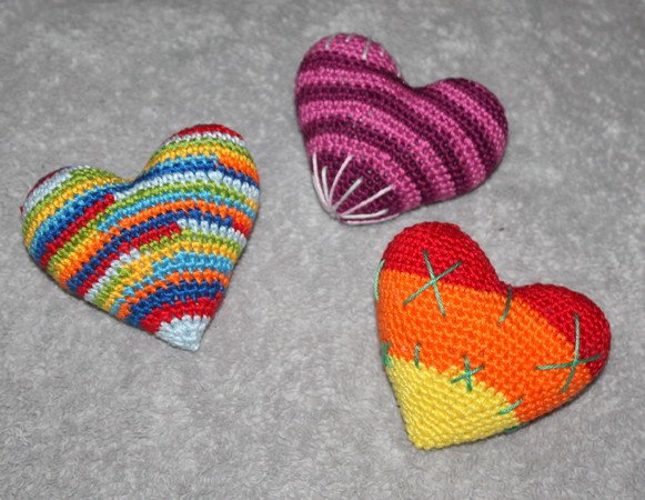 Colourful crochet hearts