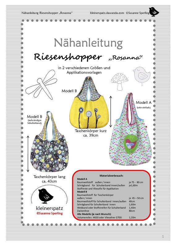 Nähanleitung und Schnittmuster, E-Book, Tasche, Shopper Rosannna