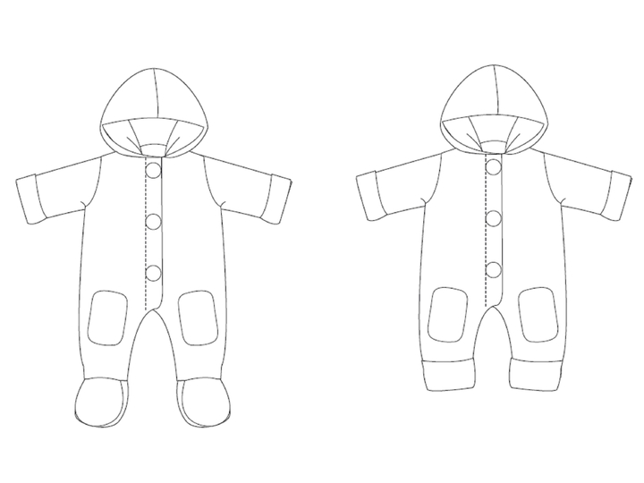 Baby Overall Schnittmuster DORIAN – Kapuze Füßchen 56/62–80/86
