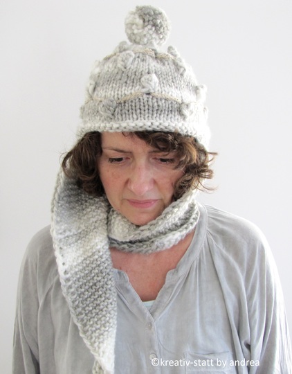 Mützen Schal mit Noppen + Bommel, Gr. S, M, L - Strickanleitung