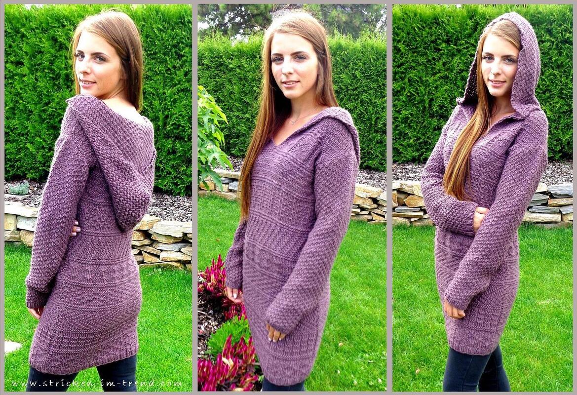 Strickanleitung für Pullover / Kleid mit Kapuze | Reliefkleid "Autumn" Beere mit Kapuze