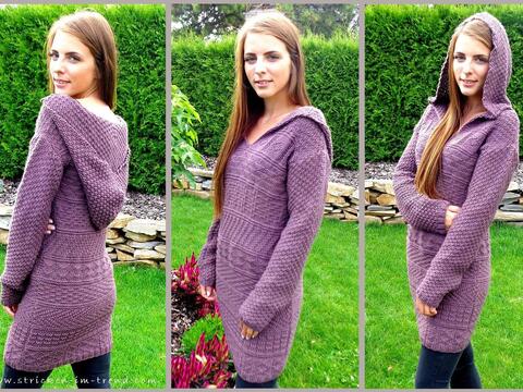 Strickanleitung für Pullover / Kleid mit Kapuze | Reliefkleid "Autumn" Beere mit Kapuze