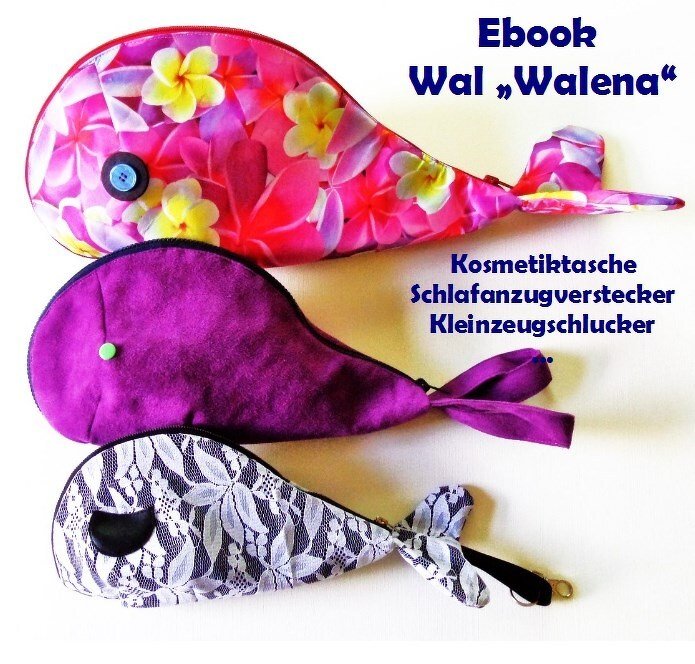 Drei gestapelte walförmige Kosmetiktaschen in Blumenmuster, Lila und weißem Spitzenmuster mit Reißverschlüssen.