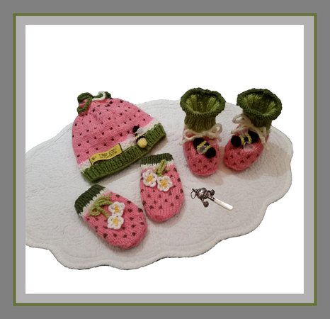 Watermelon Oneise Romper with booties,mittens & bonnet