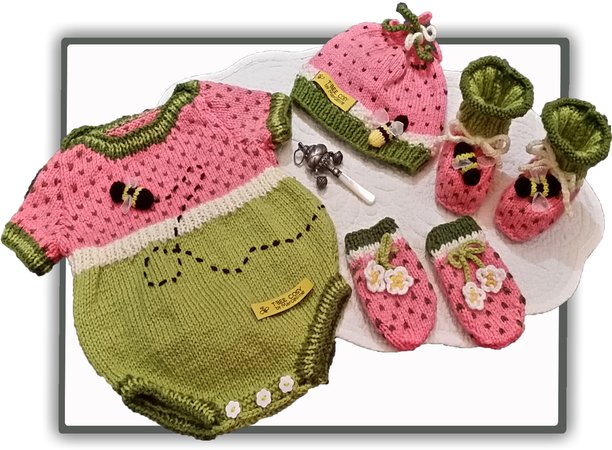Watermelon Oneise Romper with booties,mittens & bonnet
