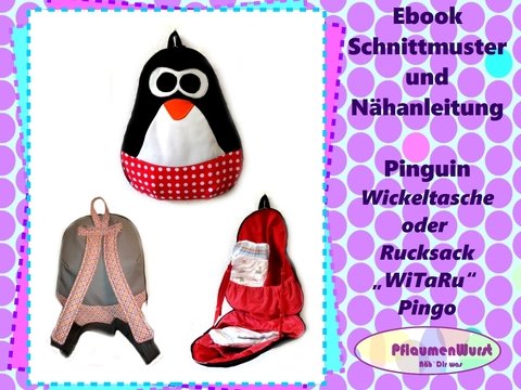 Wickeltasche Pinguin WiTaRu "Pingo" Rucksack Kindergartentasche Beutel Kindertasche