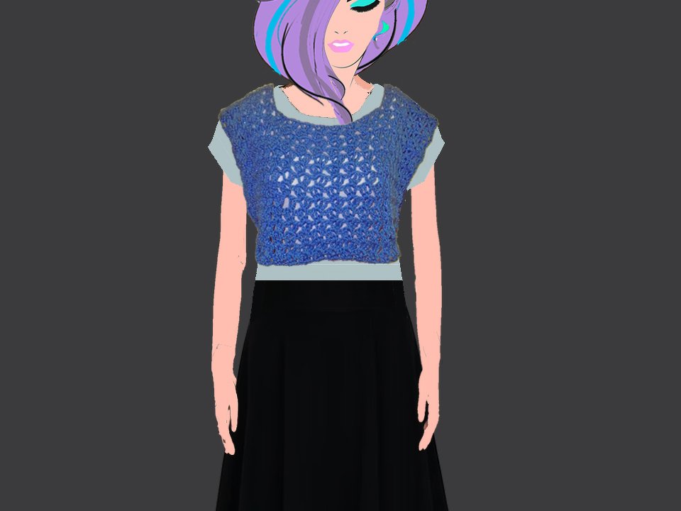 Stilisierte Figur trägt blaues gehäkeltes Top mit Lochmuster über hellem Shirt und schwarzem Rock.