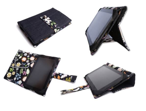 Stoff-Tablet-Tasche mit Blumenmuster, offen, geschlossen und als Ständer, mit Druckknopfverschluss