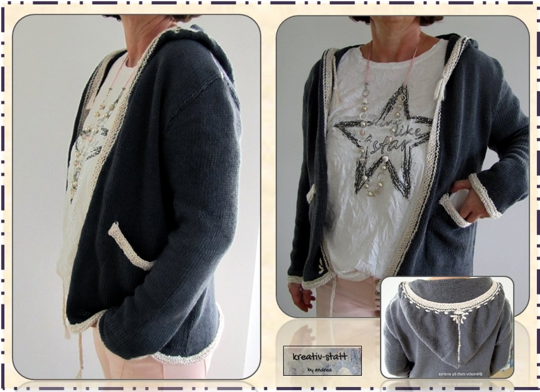 Strickjacke / Cardigan mit Kapuze + Stickerei, Gr. 36 bis 50, Anleitung