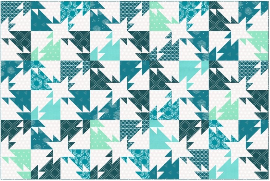 Quiltmuster aus Sternblöcken, zusammengesetzt aus Quadraten und Dreiecken in Türkis-, Mint- und Weißtönen